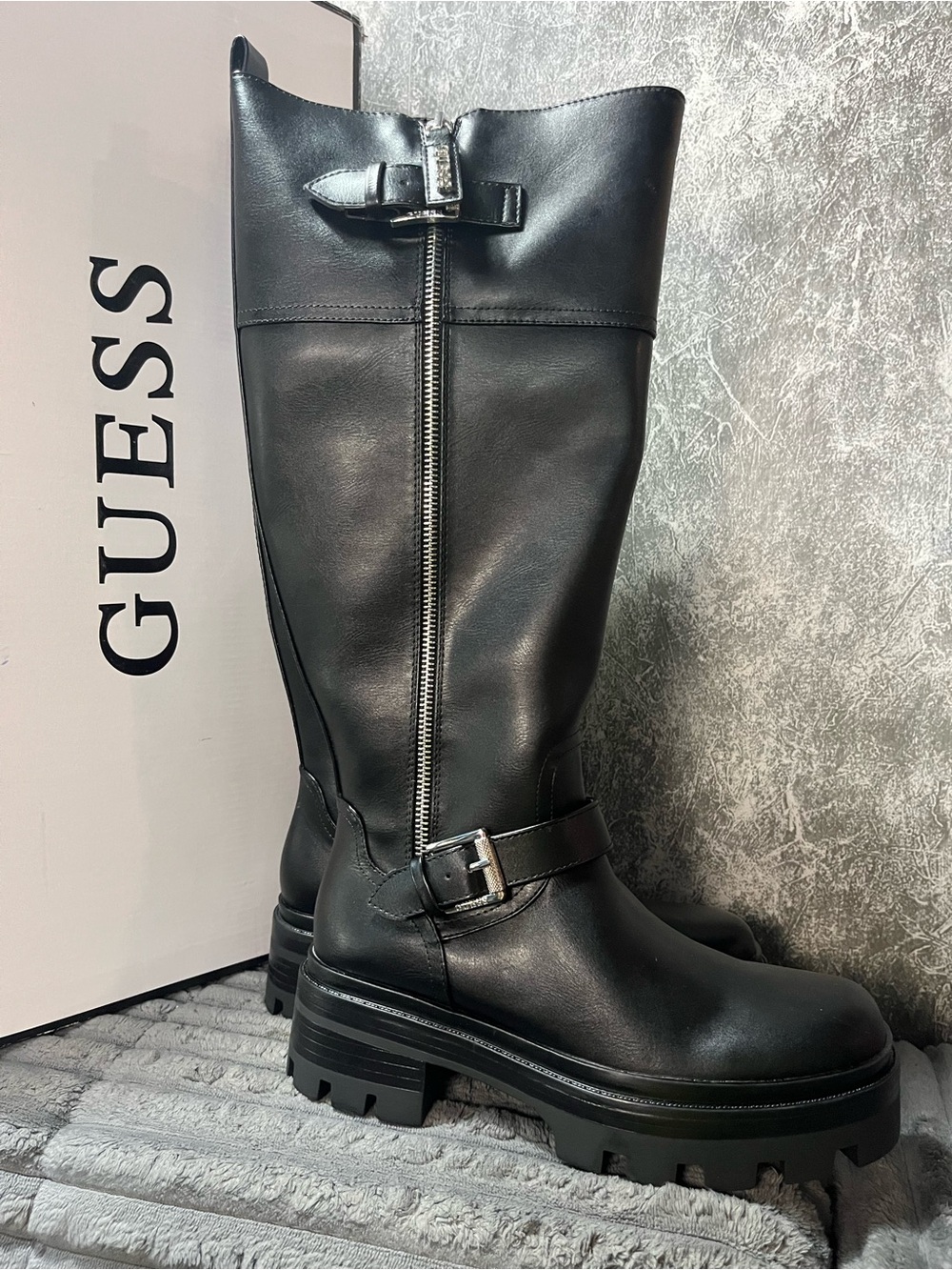 GUESS Black Leather Knee-High Lug Sole Boots with Buckle Detail wide calf nib